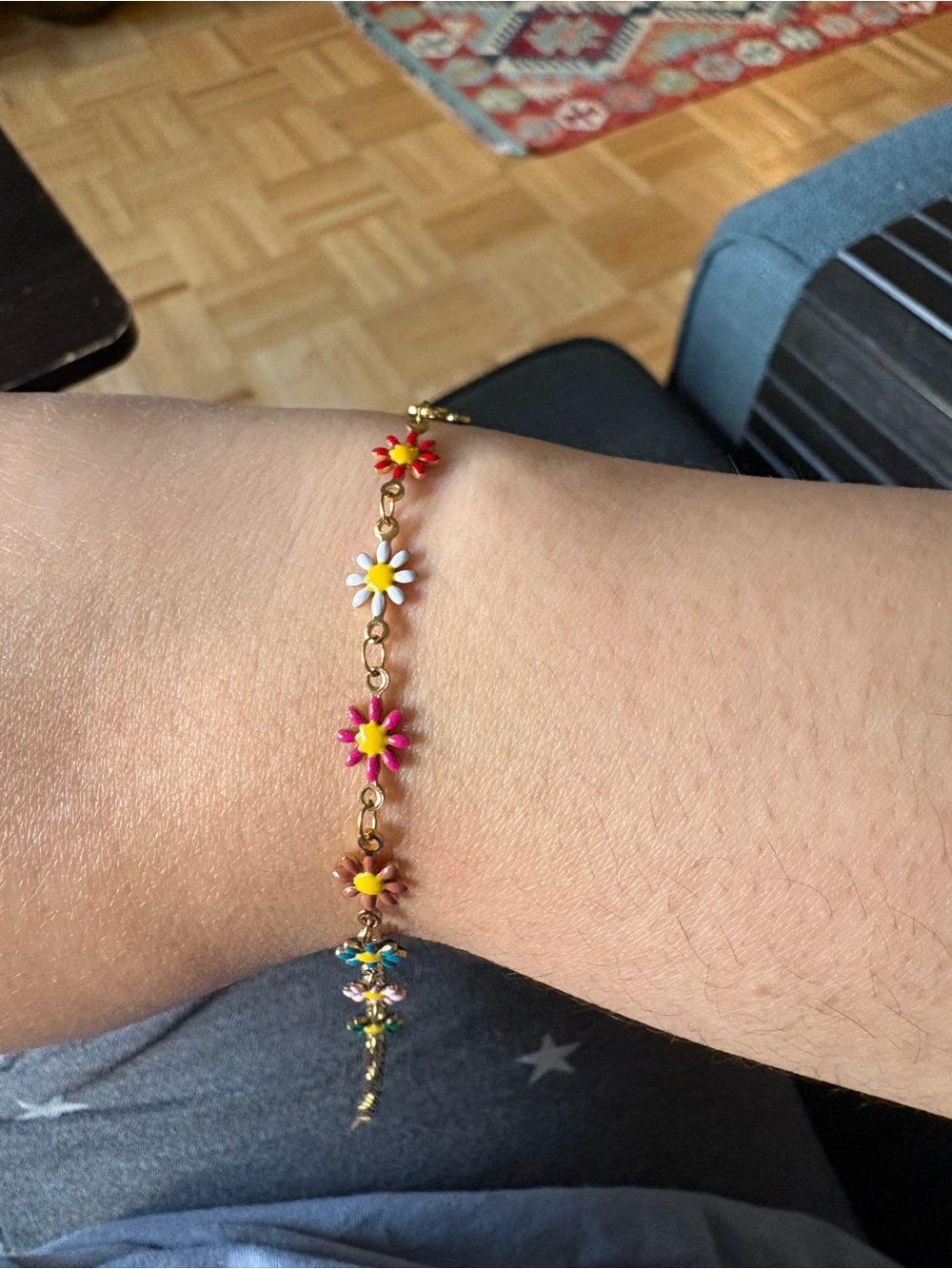 Gold Daisy Chain Bracelet with Multicolor Enamel Flowers